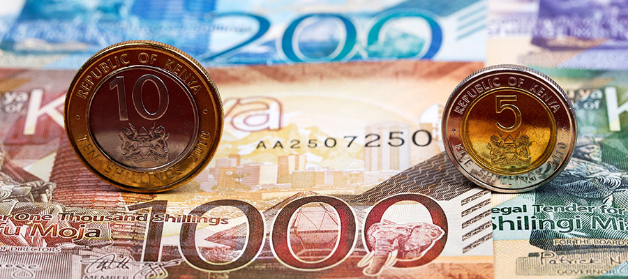 Kenyan shilling coins on a banknotes